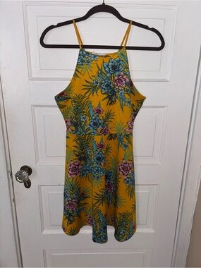 Urban Heritage Mustard Yellow Tropical Floral Halter Dress